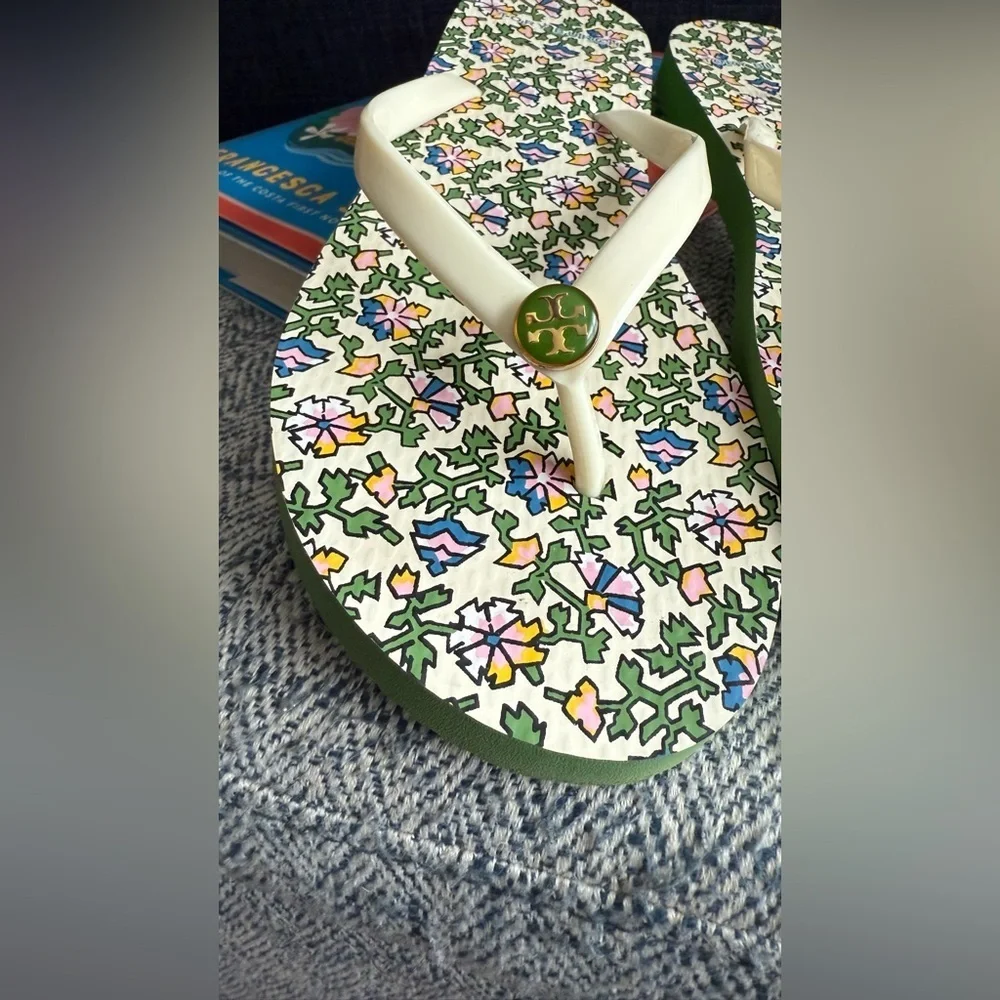 Tory Burch Wild Pansy Cream and Green Sandals with Floral Design